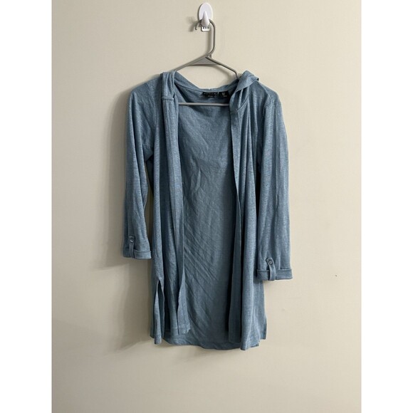 Tahari Womans Hooded Cardigan Sweater Small 100% Linen Long Line Open Front - Picture 1 of 9